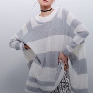NWT Free People Lafayette Oversized Grey and White Stripe Alpaca Poncho Sweater